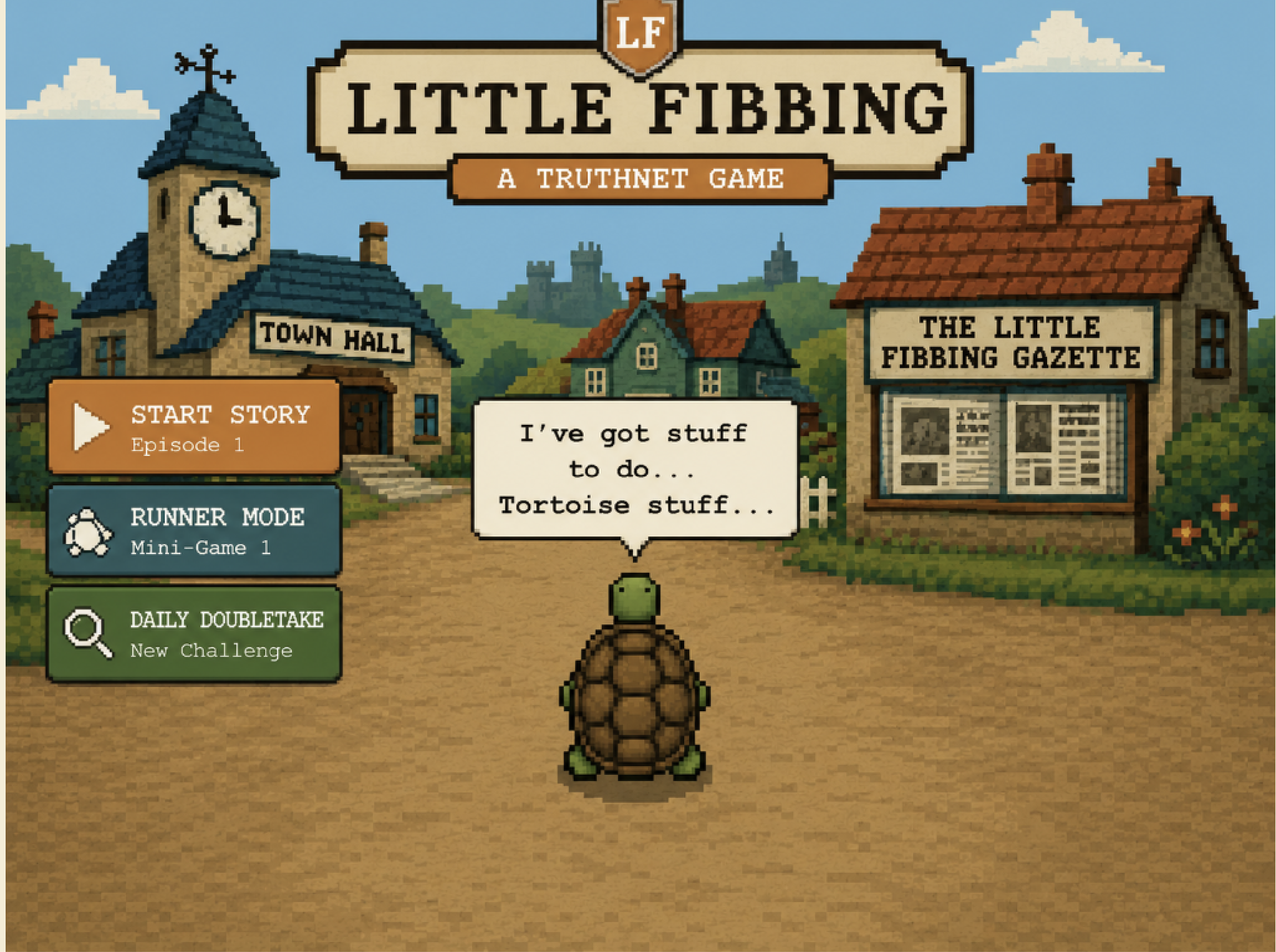 Little Fibbing v0.2 — home screen with Keith the tortoise