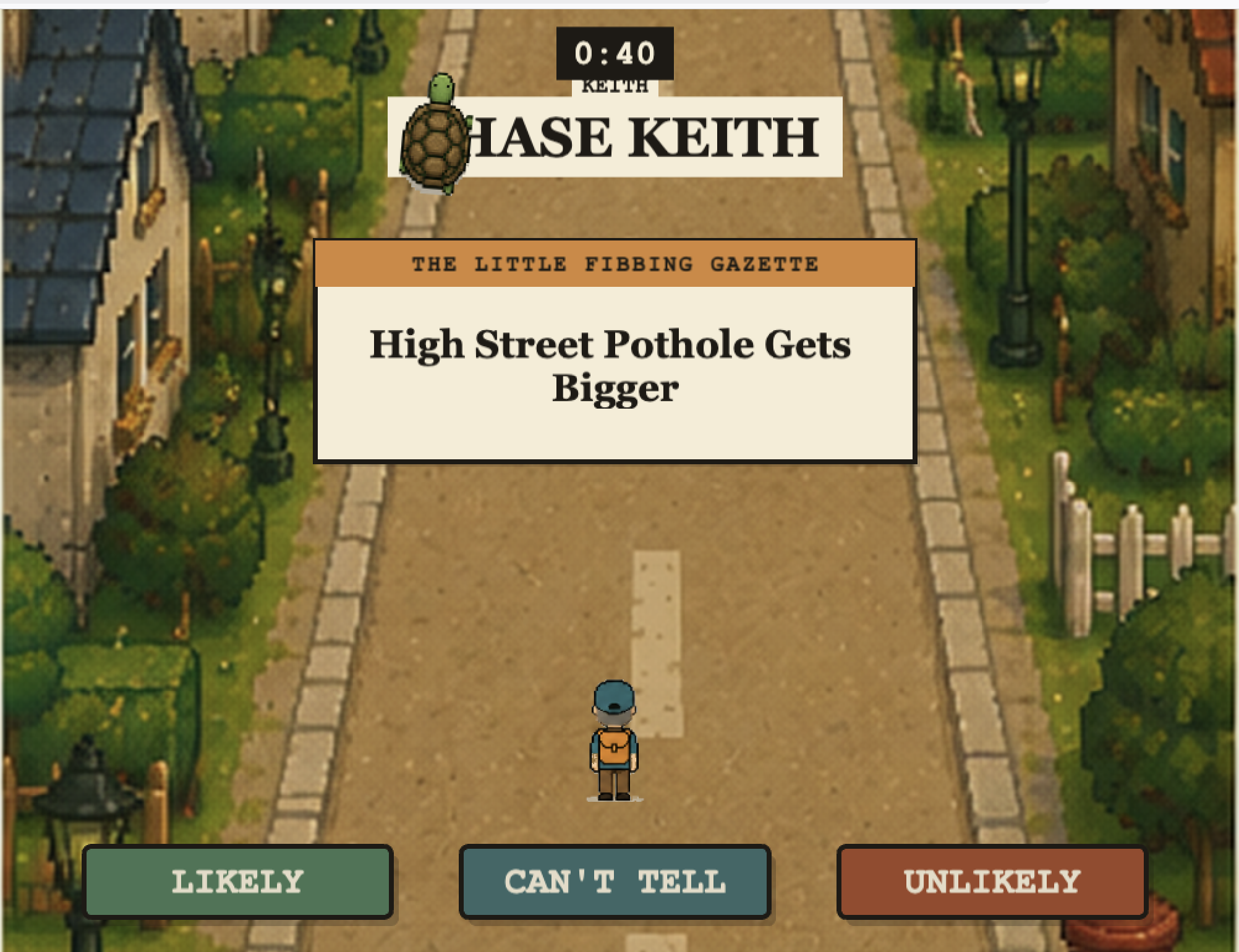 Little Fibbing runner mini-game — LIKELY / CAN'T TELL / UNLIKELY